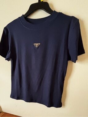 Navy Ribbed Cotton Tee with Triangle Logo one size